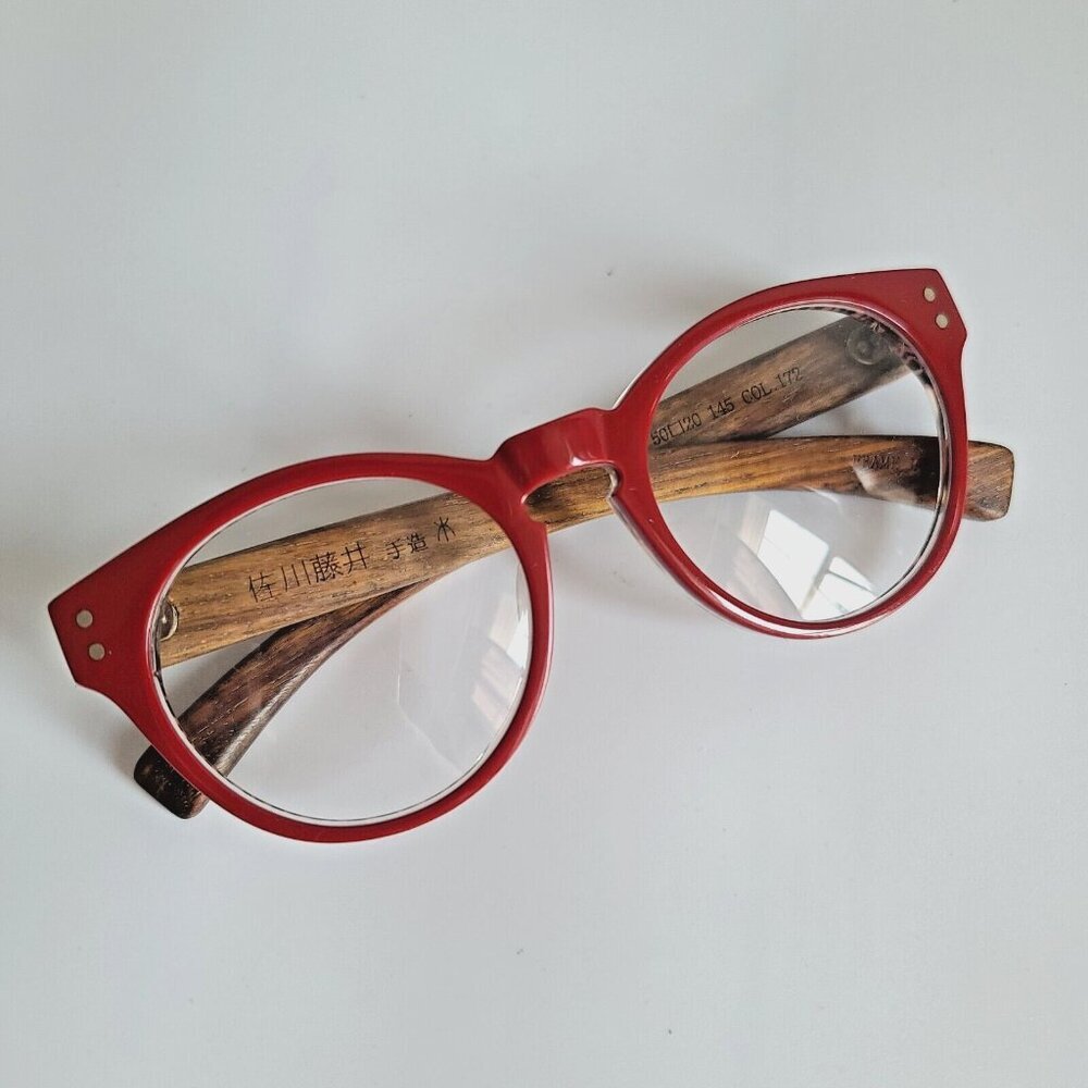 Sagawa Fujii handmade wooden eyeglasses red pink black stripes Japan unisex